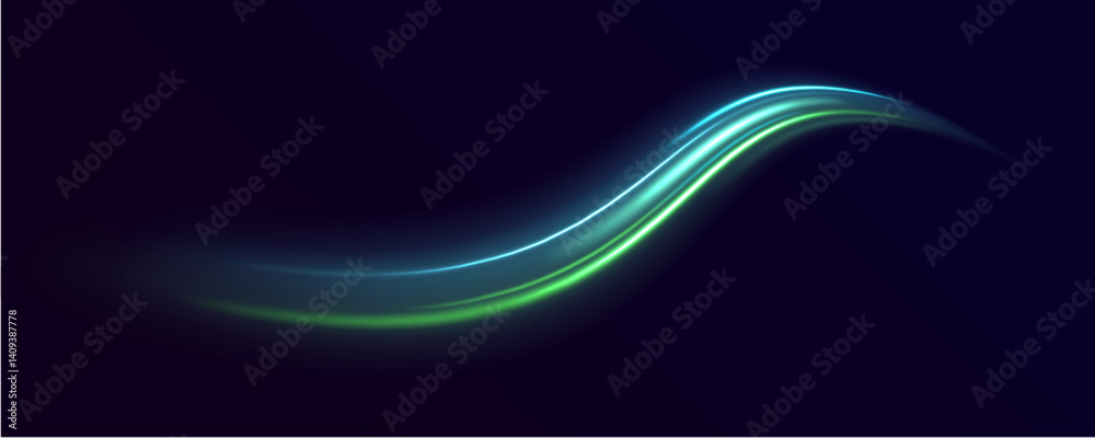 Poster glowing green light swirl with smooth, flowing curves. particle motion effect. magic of moving fast 