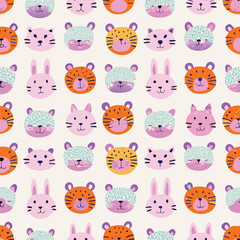 Obraz premium Cute animal faces seamless pastel pattern in peach, mint, and lavender for kids' apparel and toys.