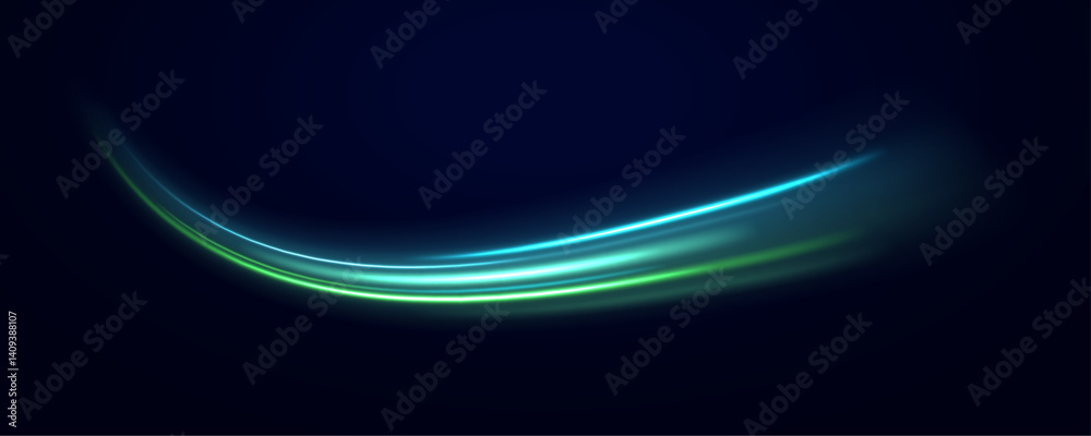 Poster glowing green light swirl with smooth, flowing curves. particle motion effect. magic of moving fast 