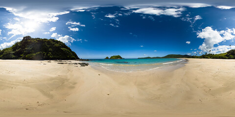 Tropical Beach with clear sea waves on sandy beach. Nacpan Beach. El Nido. Palawan. Philippines. VR 360.