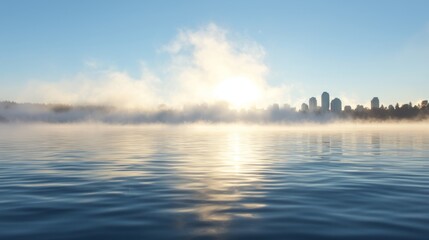 Tranquil Morning Mist Over Calm Water with City Skyline and Sunlight Reflection