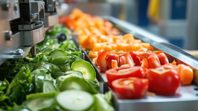 Close-up of automated machine slicing fresh vegetables with precision on a conveyor belt in a modern processing facility