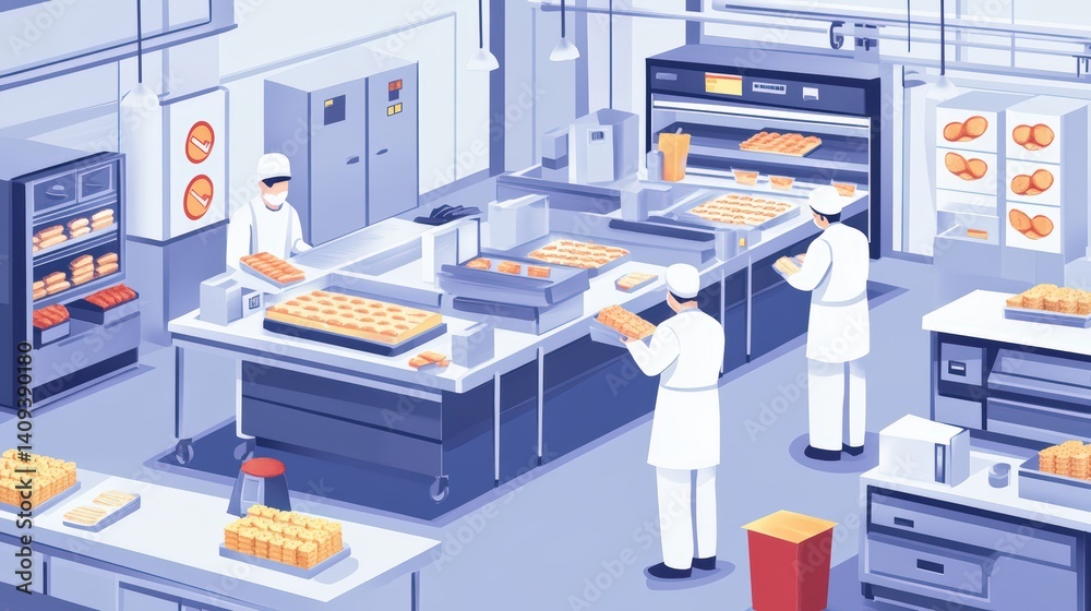 Poster busy factory interior with workers engaged in various processes to ensure efficient snack packing an