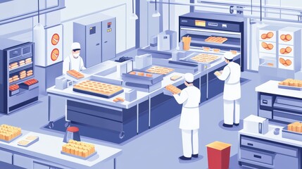 Busy factory interior with workers engaged in various processes to ensure efficient snack packing and production