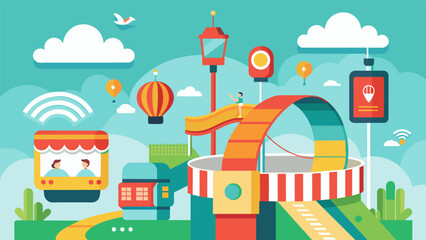 A theme park where wristbands equipped with sensors track customer movements and purchasing habits to inform ride wait times and concession stand placement.. Vector illustration