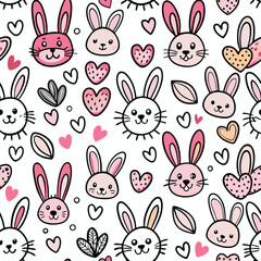 Cute rabbit faces and hearts seamless pattern