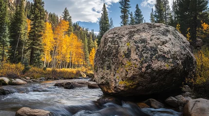Fleecedeken met foto Autumn river scene with large boulder and golden aspens fall rock view cold wild calm trees water © Honey