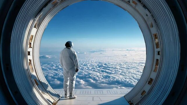 Astronaut's Contemplation: An astronaut gazes out from a spacecraft window, looking at earth, evoking a sense of wonder and curiosity.