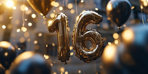 Golden Milestone Celebrating Sweet Sixteen with Festive Metallic, Number Balloons and Confetti