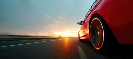 A vibrant red car accelerates down a highway as the sun sets in the background. The blurred scenery enhances the sense of motion and freedom during evening travel