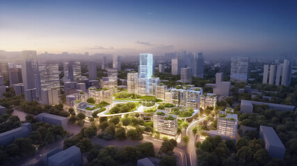 Obraz premium Architectural rendering showcasing a sustainable city skyline at dusk