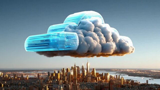 Cloud Computing: A visionary artistic rendering of a digital cloud floating over a cityscape, symbolizing innovation, connectivity, and the power of the cloud.