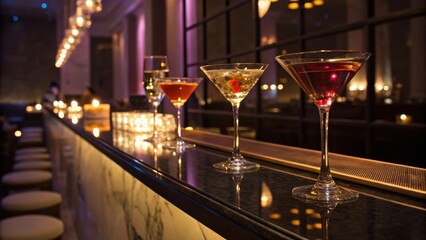 cocktail bars Elegant cocktails on a stylish bar, illuminated by warm lighting, creating a sophisticated atmosphere.