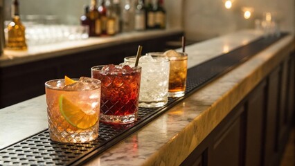 cocktail bars Four colorful cocktails served on a bar counter with elegant glassware.