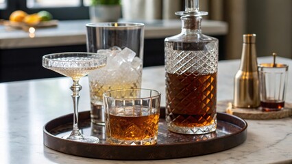cocktail bars Elegant glassware arranged on a tray, featuring drinks and bar tools, set in a stylish interior.