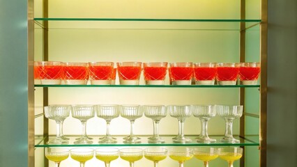 cocktail bars Shelves display a variety of elegant glassware with colorful drinks, creating a sophisticated presentation.