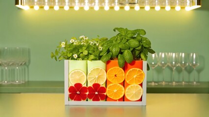 cocktail bars Vibrant display of fresh fruits and herbs in a decorative container against a stylish background.