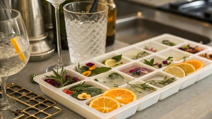 cocktail bars A stylish ice tray filled with herbs and fruits for creative beverage garnishing.