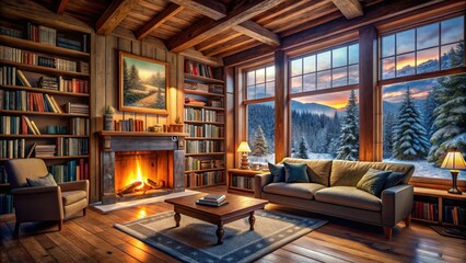 Fototapeta premium Cozy cabin panorama: fireplace's warmth, book-lined walls, snowy winter scene outside.