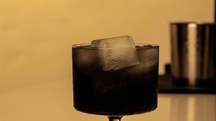 cocktail bars A glass of dark beverage with ice, set against a softly lit background.