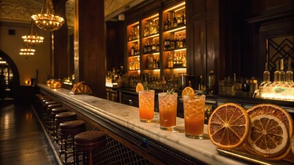 cocktail bars Elegant bar scene featuring cocktails and a well-stocked shelf of spirits.