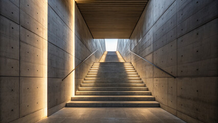 Fototapeta premium Modern staircase with concrete walls and ambient lighting, creating serene atmosphere. design emphasizes simplicity