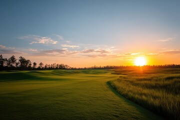 Obraz premium Vibrant sunset casts golden hues over the lush green at Noblesse Golf Club, providing a serene atmosphere for golfers and nature lovers alike