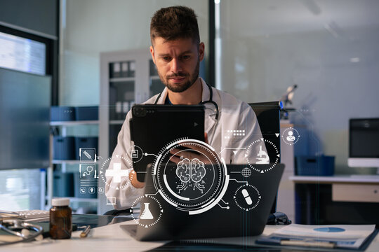 Medicine doctor hand working with modern digital tablet and laptop computer interface as medical network concept. - Powered by Adobe