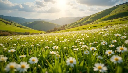 Fototapeta premium Lush green hills and blooming daisies a serene landscape capturing natures beauty and tranquility