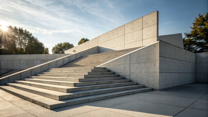 Modern concrete architecture features striking staircase leading to minimalist structure, surrounded by greenery and sunlight
