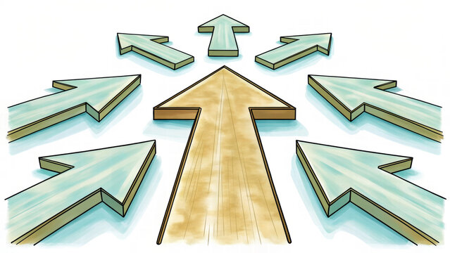 Illustration of multiple arrows pointing towards central direction, symbolizing focus and guidance decision making