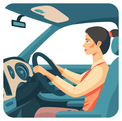 Woman driving a car, profile view, inside car interior.