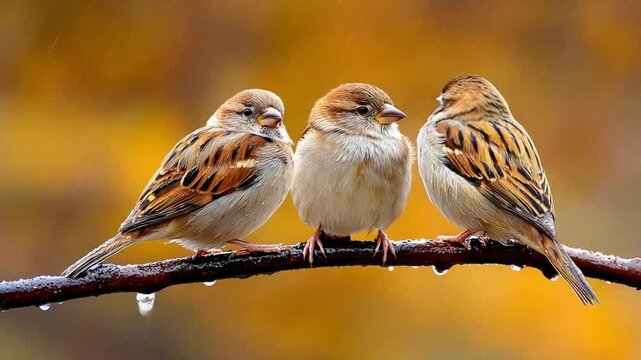 Three Sparrows on Branch: Three house sparrows perched closely together on a rain-soaked branch, their feathers ruffled, against a blurred autumnal background.