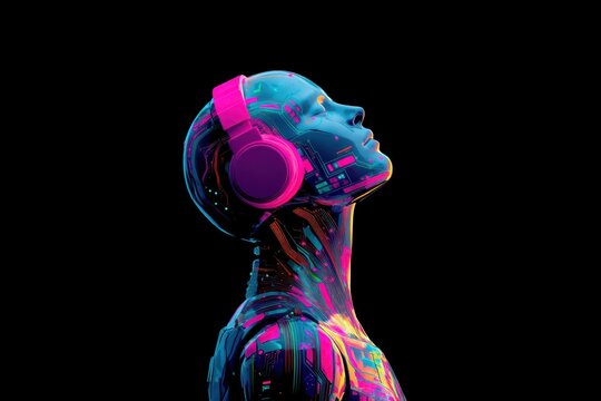 A humanoid figure with glowing circuitry reflects the connection between artificial intelligence and human meditation, highlighting a serene expression while wearing bright pink headphones