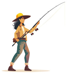 A woman in a wide-brimmed hat casts a fishing line.