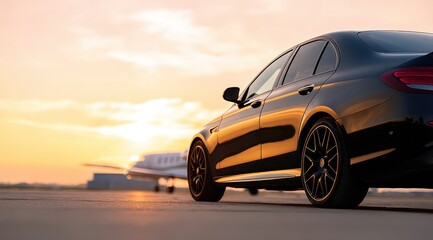 Obraz premium A sleek black luxury car is stationed alongside a private jet at an airport runway as the sun sets, casting an orange glow over the scene, highlighting luxury travel