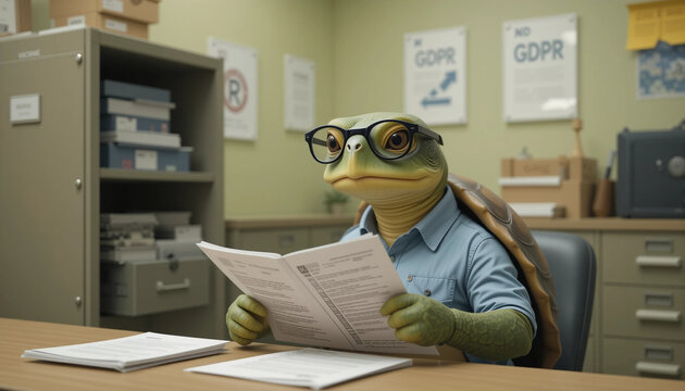 Turtle as a Data Privacy Officer Animal: A thoughtful turtle in a button-up shirt, glasses low on the nose, holding legal documents