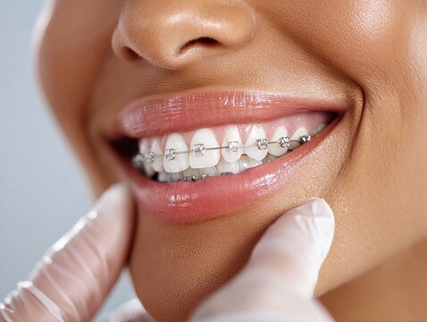 Fototapeta Dentist applying braces to patient's teeth for orthodontic treatment