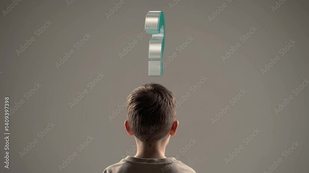 Aufkleber Young person standing with back turned, surrounded by floating turquoise question marks representing cognitive exploration and learning process