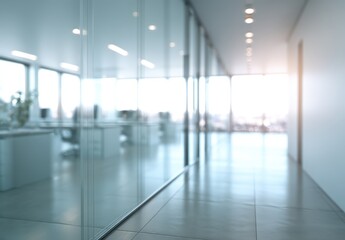 Fototapeta premium A modern office interior is presented with glass walls, creating an open and bright atmosphere. The blurred view highlights a professional environment focused on productivity and collaboration
