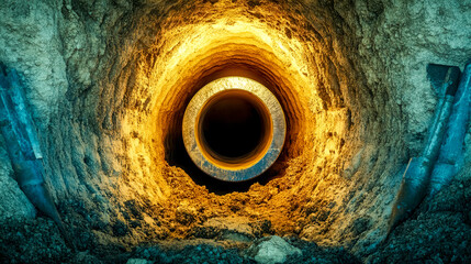 Cross section of plastic pipe being installed underground with drilling rigs