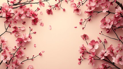 Fototapeta premium Delicate pink cherry blossoms create a beautiful frame on a soft background Perfect for spring wedding invitations or feminine branding