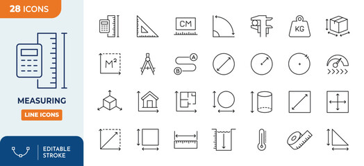 Measuring icons set. Containing size, square, weight, and more. Outline Icon Collection. Vector illustration. Editable stroke	