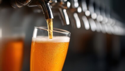Golden beer cascades from a polished tap into a clear glass, highlighting the bubbles and frothy head. The bustling bar atmosphere enhances the appeal of the drink