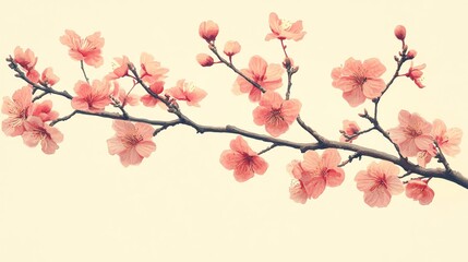 Fototapeta premium Delicate pink peach blossoms branch in full bloom, soft light creates a peaceful mood. Perfect for spring-themed designs and greeting cards.