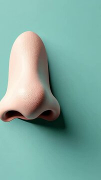 Pink nose floating on a turquoise background represents concepts of rhinoplasty, cosmetology, beauty, and the sense of smell, highlighting the importance of breathing and olfactory perception