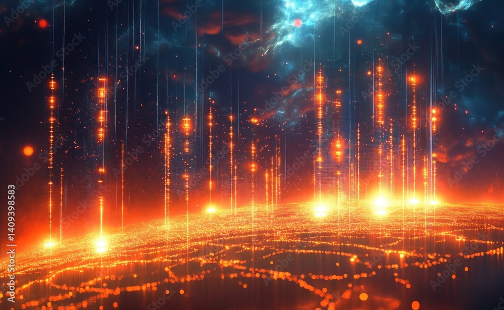 Aufkleber Futuristic Digital Landscape with Glowing Data Streams Cyberpunk Aesthetic Blockchain Neural Networks and Artificial Intelligence Abstract