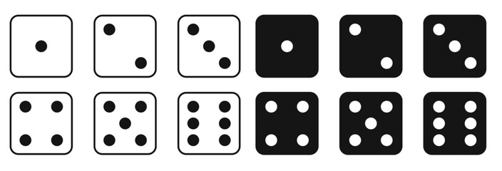 Game dice icons set isolated vector illustration, Set of game dice icon. . Dice game vector icon set  isolated on white background. Dice in a flat and linear design,  from one to six. stock Vector