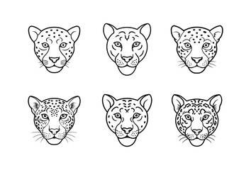 Leopard face icon set on white background minimalistic, head face portrait , black outline, head vector illustration