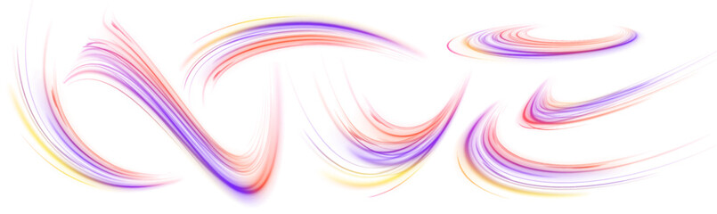 Headlight light trails curve on transparent PNG expressway background. Cyberpunk-inspired glowing lines convey urban speed and motion.